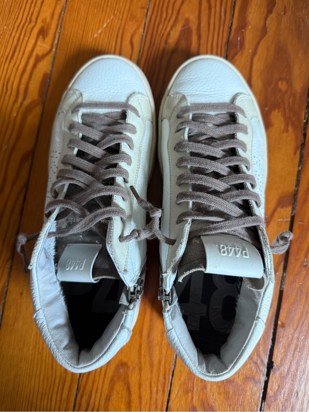 P448 White Leather Sneakers with Taupe Accents - Picture 3 of 4